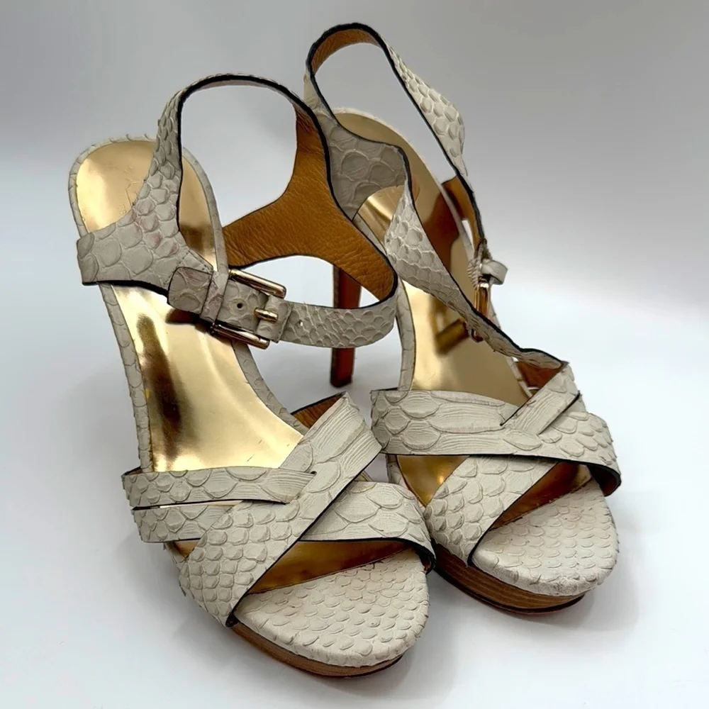 Coach Dani Size 9B White Cream Heels with Strappy Design Snakeskin Print